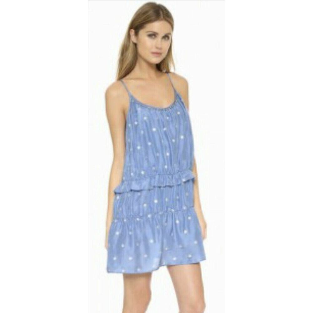 St. Roche Dress Blue 100% Silk Silver Print Tiered Spaghetti Straps Size Small